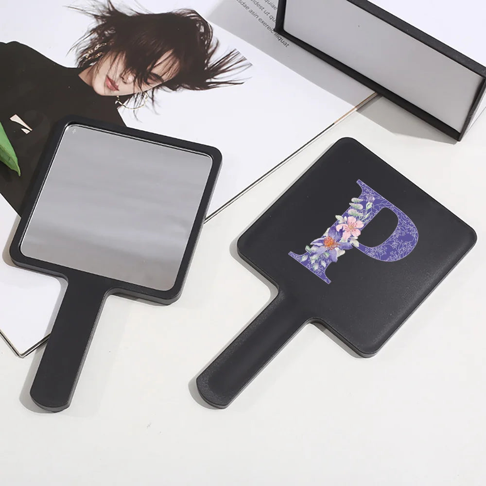Fashion Universal Square Handheld Makeup Mirror With Handle Portable Vanity Mirror Initial Name Purple Flower 26 Letters Pattern