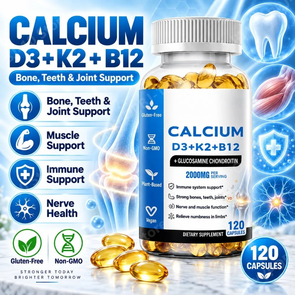Calcium D3 K2 B12 Capsules for Bone, Teeth & Joint Support, Muscle, Immune & Nerve Health, Gluten-Free & Non-GMO, 120 Capsules