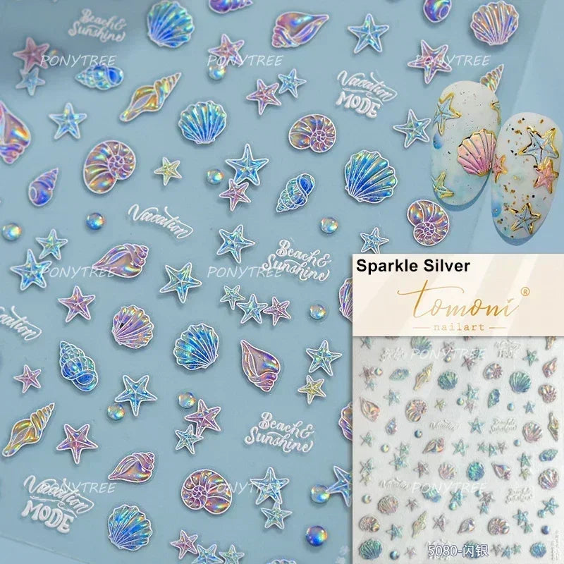 Gold Stamped Shell Conch Scallop Starfish Pearl 5D Embossed Self Adhesive Nail Art Stickers Delicate Ocean Style Manicure Decals