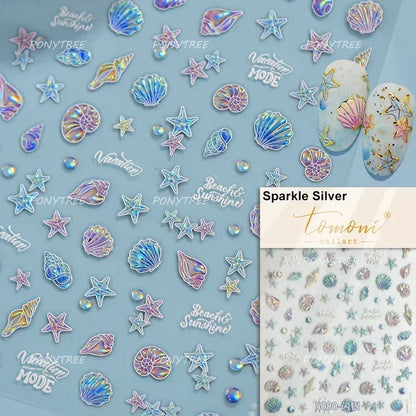 Gold Stamped Shell Conch Scallop Starfish Pearl 5D Embossed Self Adhesive Nail Art Stickers Delicate Ocean Style Manicure Decals