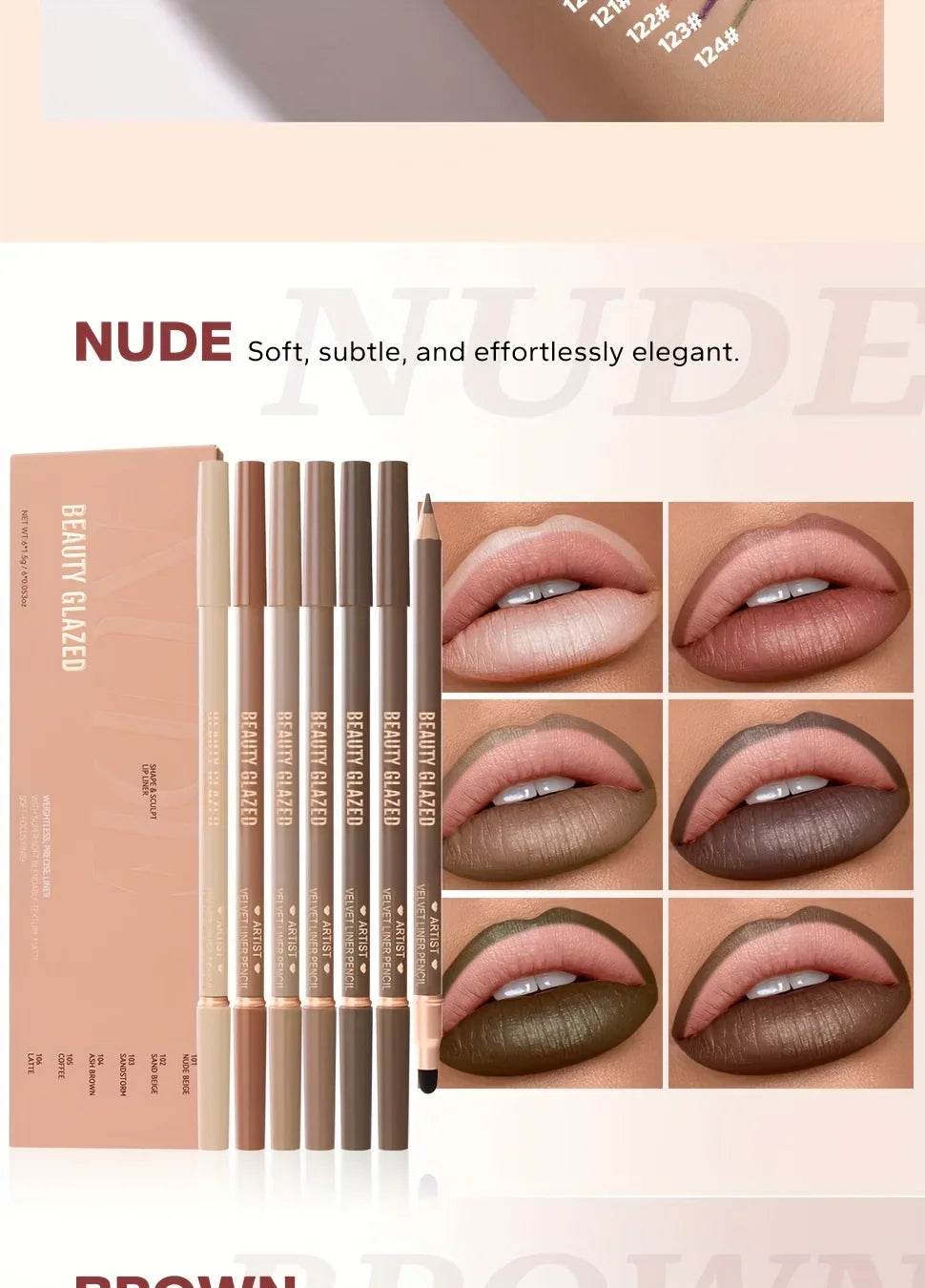 Beauty Glazed 6pcs Matte Nude Sponge Lip Liner Set  Long-Lasting Silky Waterproof Texture Multi-Function Makeup Pens