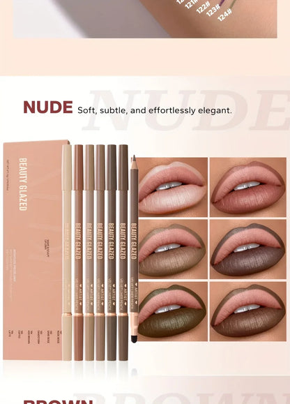 Beauty Glazed 6pcs Matte Nude Sponge Lip Liner Set  Long-Lasting Silky Waterproof Texture Multi-Function Makeup Pens