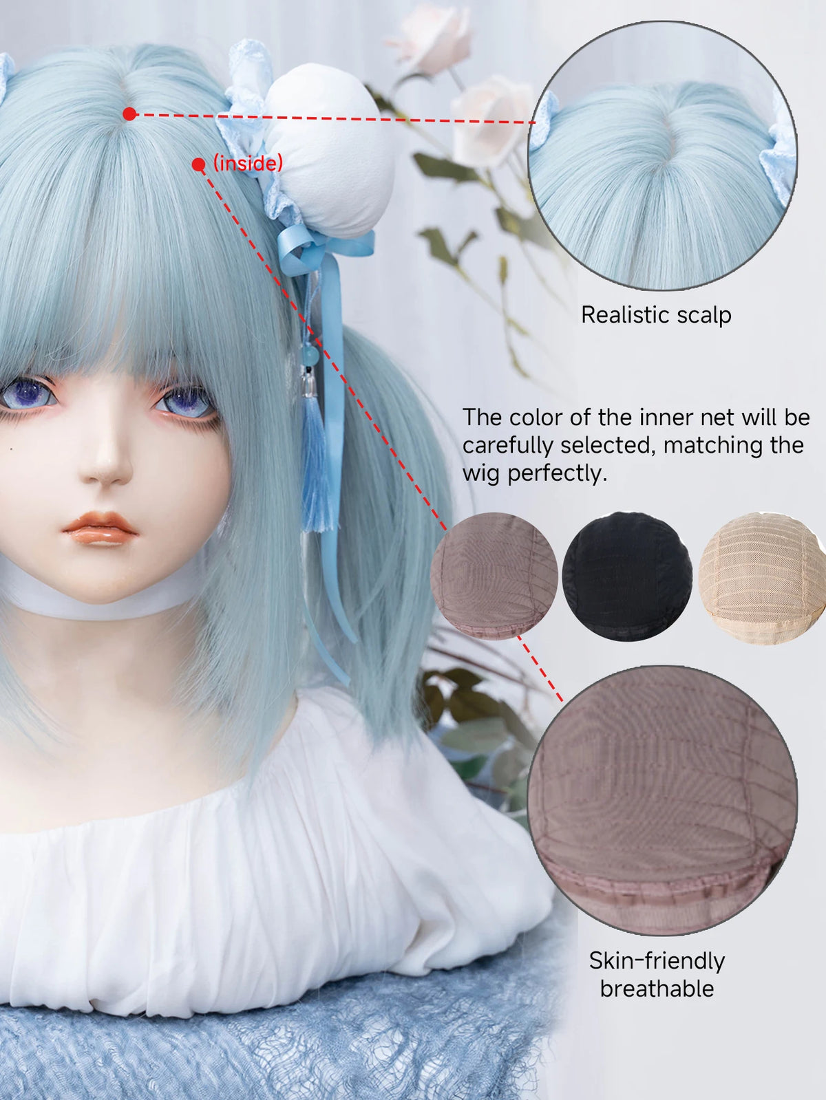 16Inch Lolita Ice Blue Synthetic Lolita Wig With Bang Medium Natural Straight Hair Wigs for Women Daily Cosplay Heat Resistant