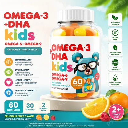 Omega 3 DHA Kids Gummies Brain & Cognitive Eye & Immune Health with Omega 6, 9 & Vitamin C Ages 2+ Non-GMO Gluten Free | 60ct