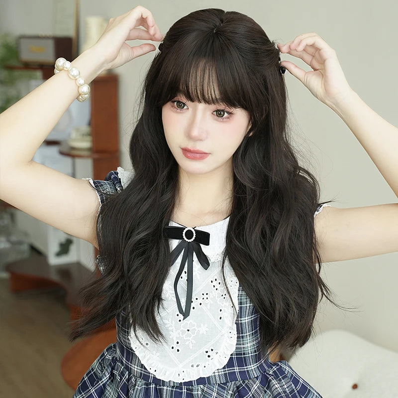 NAMM Costume Wig Synthetic Body Wavy Dark Brown Wig For Women Daily Use High Density Layered Hair Wigs With Fluffy Bangs