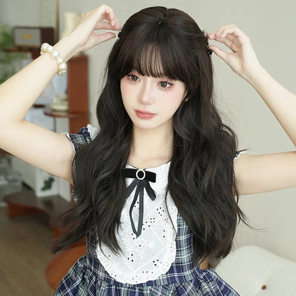 NAMM Costume Wig Synthetic Body Wavy Dark Brown Wig For Women Daily Use High Density Layered Hair Wigs With Fluffy Bangs