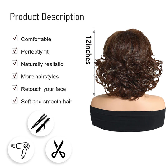 Short Curly Brown Wig with Blonde Highlights Women Synthetic Bob Wigs Natural Looking Side Bangs Heat Resistant For Daily Party