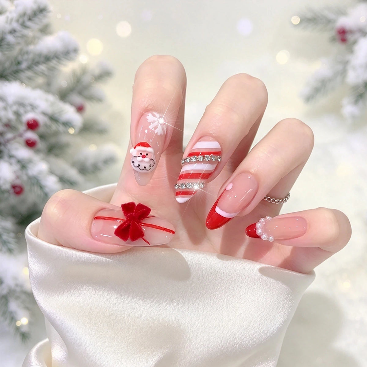 96PC 3D Red Green Medium Almond Christmas Press On Nails Cute Elk/Bell/Snowman/Santa Claus/Xmas Tree Fake Nails Full Cover Nails