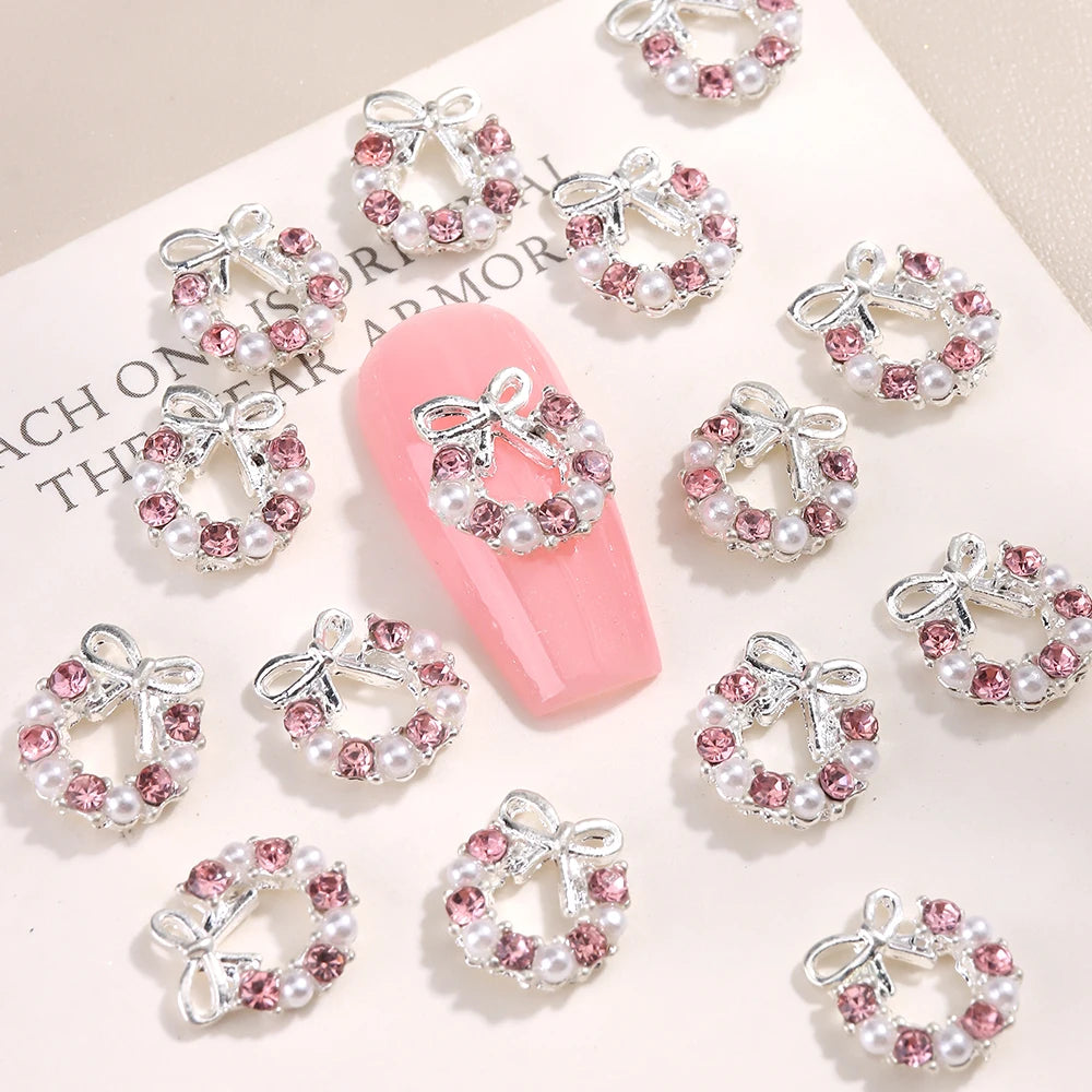 3D Christmas Nail Art Charms; Gold & Silver Bows and Wreaths; Cute Winter Designs for DIY Manicures and Salon Accessories