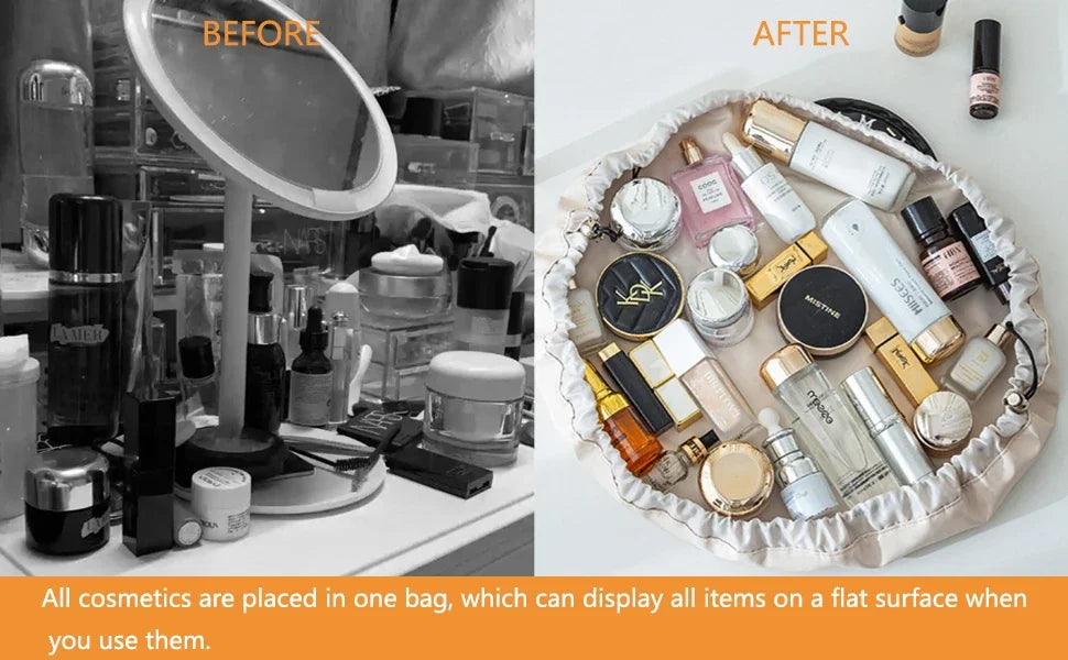 Large Capacity Portable Drawstring Cosmetic Bag for Women, Travel Daily Use Toiletry Storage Pouch Makeup Organizer