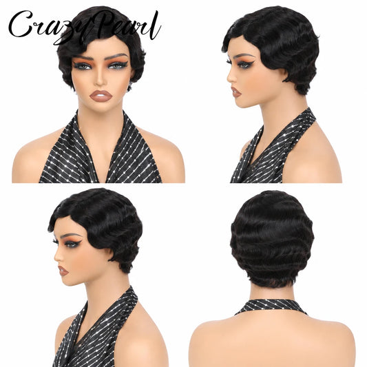 Short Wigs for Black Women Human Hair Ocean Finger Wave Pixie Cut Wig Human Hair Glueless Costume Wig No Glue Wig for Daily Use