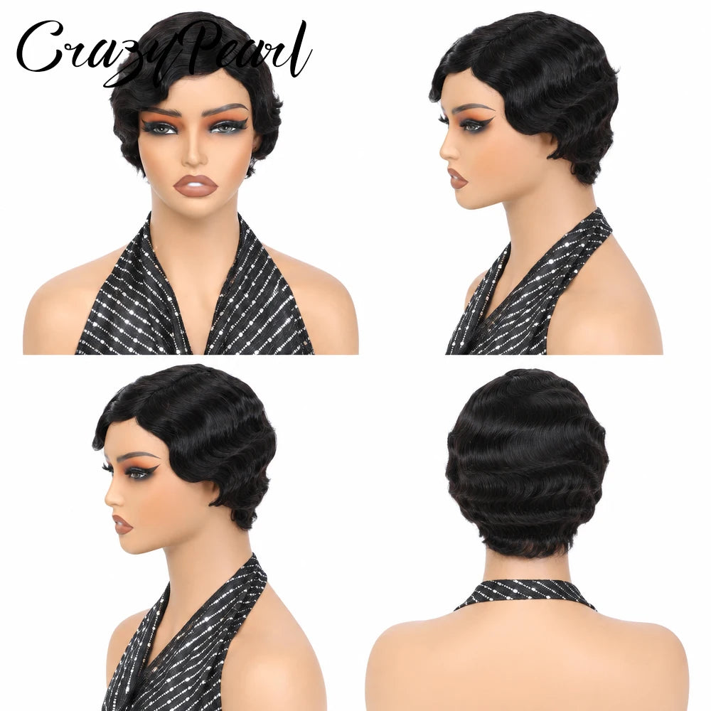 Short Wigs for Black Women Human Hair Ocean Finger Wave Pixie Cut Wig Human Hair Glueless Costume Wig No Glue Wig for Daily Use