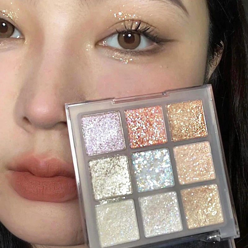 9Colors Glitter Eyeshadow Palette Pearlescent Earth Color Eye Shadow Shimmer Highlight Sparkling Sequin Gold Silvery Eyes Makeup