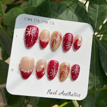 Hand Painted Christmas Fake Nails Short Almond Red Glitter Snowflake Candy Cane Pearl French Press On Nails Reusable  10 Pieces