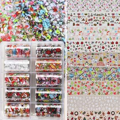 10Rolls Christmas Nail Transfer Foil Mixed Santa Snowman Elk Full Cover Nail Starry Paper For Holiday DIY Manicure Nail Stickers