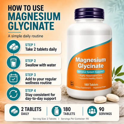 Magnesium Glycinate Tablets 200mg, High Absorption Vegan Non-GMO Formula for Nervous System Muscle Relaxation Support, 180 Count