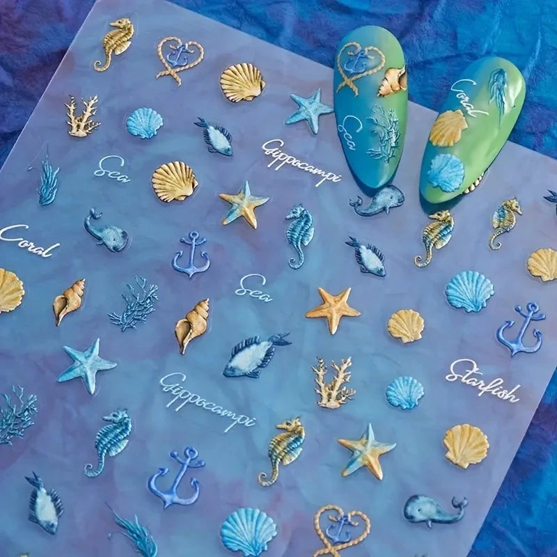 5D Summer Sea Shell Nail Sticker Shiny Embossed Starfish Nails Stickers Summer Beach Wine glass Jellyfish Nail Decals Decoration