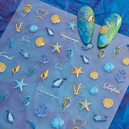 5D Summer Sea Shell Nail Sticker Shiny Embossed Starfish Nails Stickers Summer Beach Wine glass Jellyfish Nail Decals Decoration