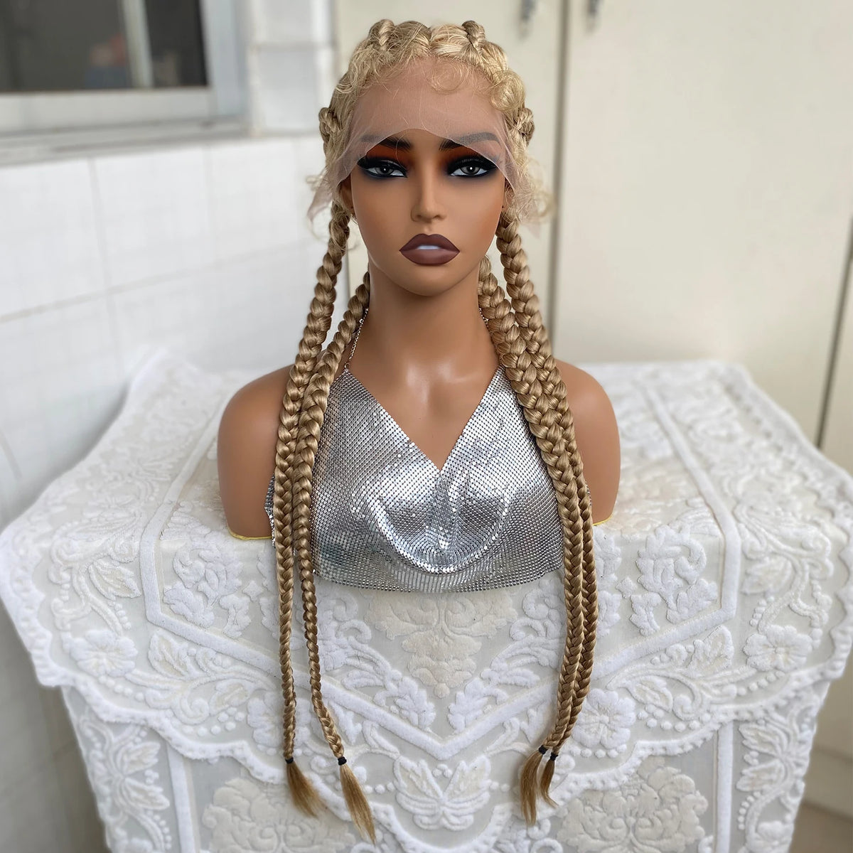 Synthetic Lace Front Wig Braided Wigs With Baby Hair 32 Inches 4 Twist Cornrow Braids Cosplay DIY Wig Synthetic Crochet Braids