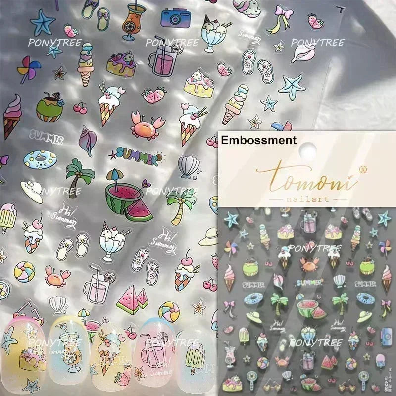 Gold Stamped Shell Conch Scallop Starfish Pearl 5D Embossed Self Adhesive Nail Art Stickers Delicate Ocean Style Manicure Decals