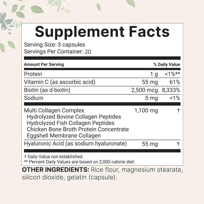 Hydrolyzed multi collagen peptide protein capsules - I,  II, III, type V containing biotin, vitamin C, hyaluronic acid