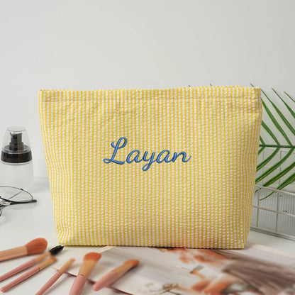 Customised Embroidery/Standard Style 2 Options, Bubble Gauze Striped Makeup Bag, Storage Pouch, Back-to-School Season