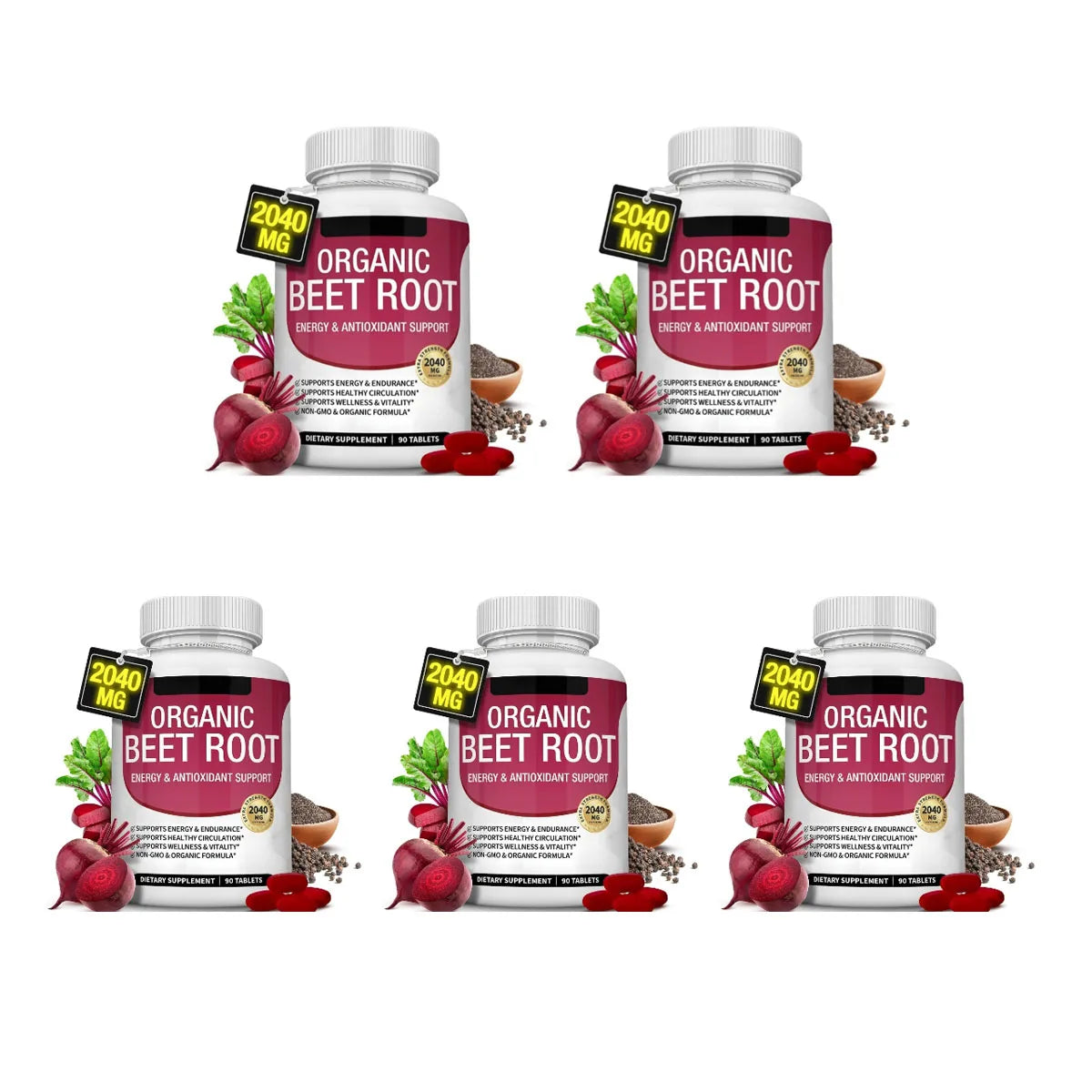 Beet Root Tablets 2040mg Per Serving with Organic Black Pepper for Energy, Endurance & Circulation Support, Non-GMO, 90 Count