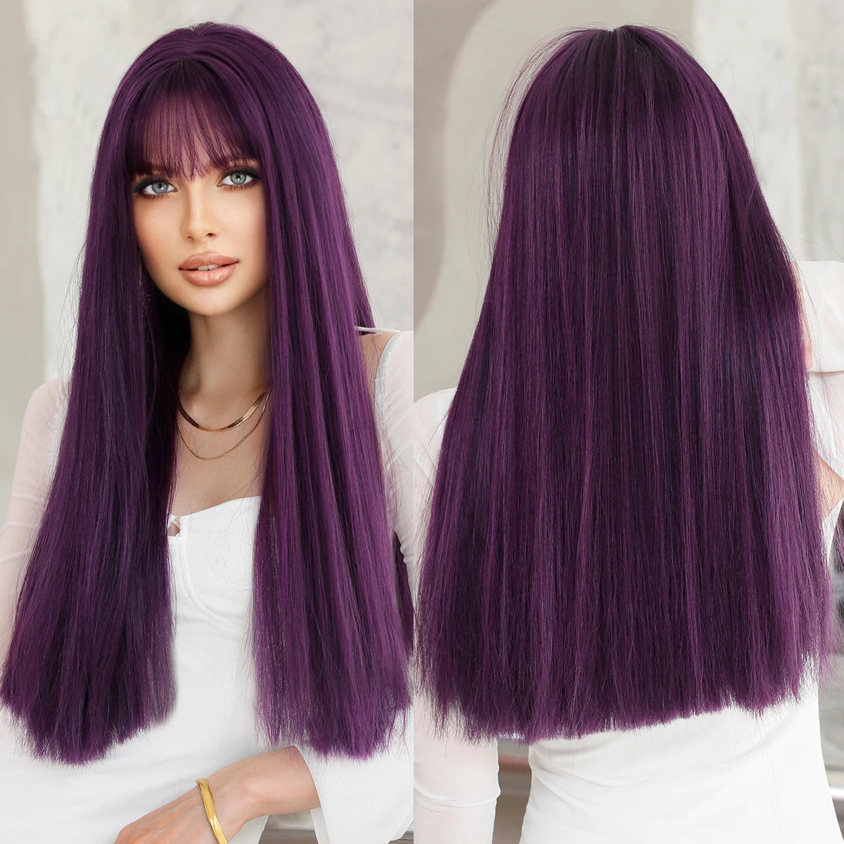 Long Straight Light Blonde Wig for Women Daily Party Highlight Brown Synthetic Layered Hair Wigs with Bangs Halloween Cosplay