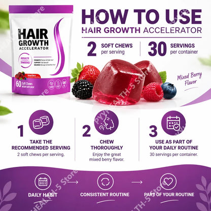 Biotin Hair Growth Soft Chews Supplement, Support Fuller Thicker Hair, Vitamin C & E for Healthy Hair Nourishment, 60 Gummy