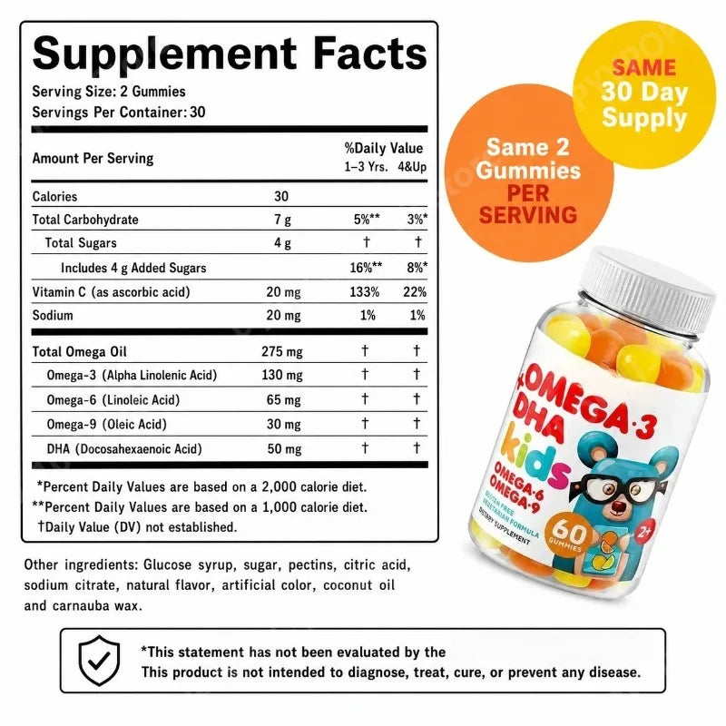 Omega 3 DHA Kids Gummies Brain & Cognitive Eye & Immune Health with Omega 6, 9 & Vitamin C Ages 2+ Non-GMO Gluten Free | 60ct