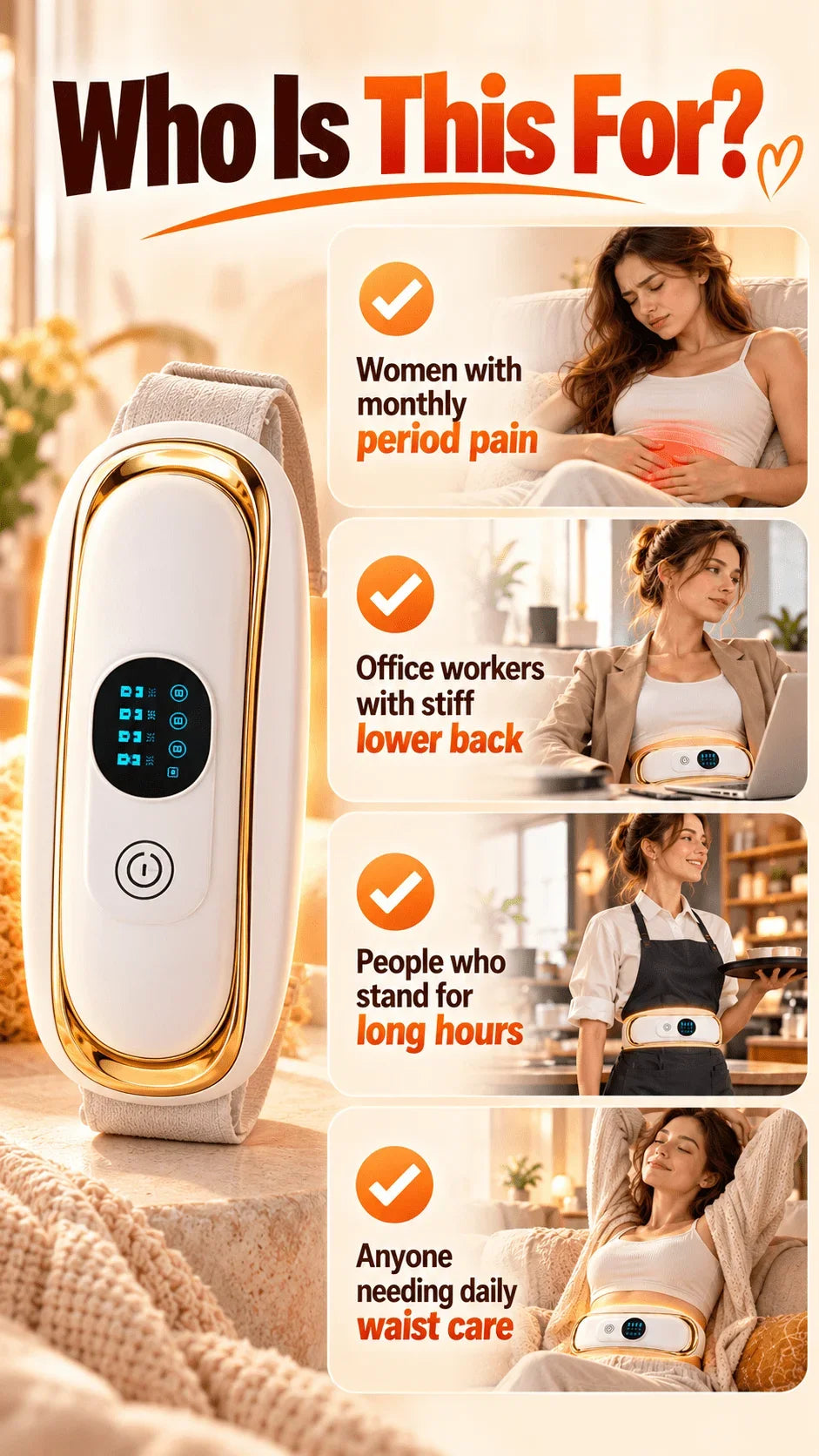 Period Pain Relief Belt Soothing Heating Vibration Waist Massager for Menstrual Cramps & Lower Back Soreness