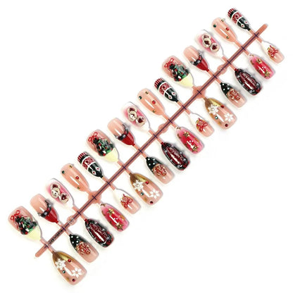 24PCS Christmas Red Almond Press on Nails Sweet 3D Gingerbread Man Xmas Tree Snowflake Design False Nails Wearable Acrylic Nails