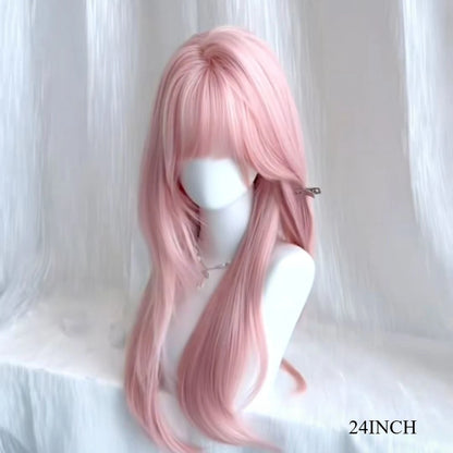 Ashely Pink Wig for Women Hair Wig with Bangs High Temperature Fibers Lolita Cute Layered Wig Synthetic Wigs Headband 가발 Парик