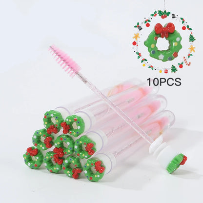 10Pcs Christmas Eyelash Brushes Set Santa Mascara Wand with Case Spoolie Eyebrow Comb Festive Makeup Tool Xmas Gift for Women