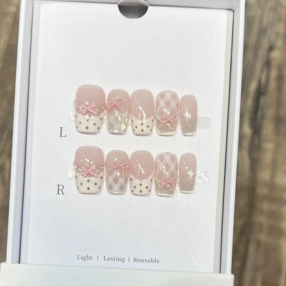 10Pcs Sweet Mid-length Ballet False Nails Art Fashion Pink Cat Eye Lovely Bow Wearable Finished Nails Set Summer Acrylic Nails
