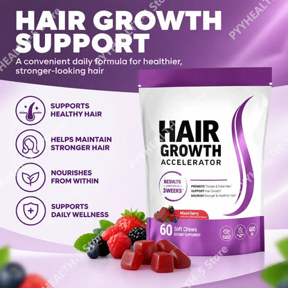 Biotin Hair Growth Soft Chews Supplement, Support Fuller Thicker Hair, Vitamin C & E for Healthy Hair Nourishment, 60 Gummy
