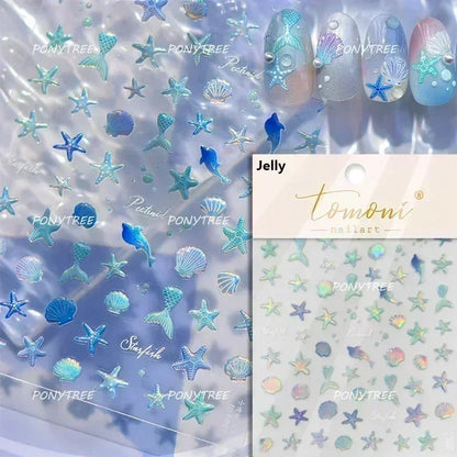 Gold Stamped Shell Conch Scallop Starfish Pearl 5D Embossed Self Adhesive Nail Art Stickers Delicate Ocean Style Manicure Decals