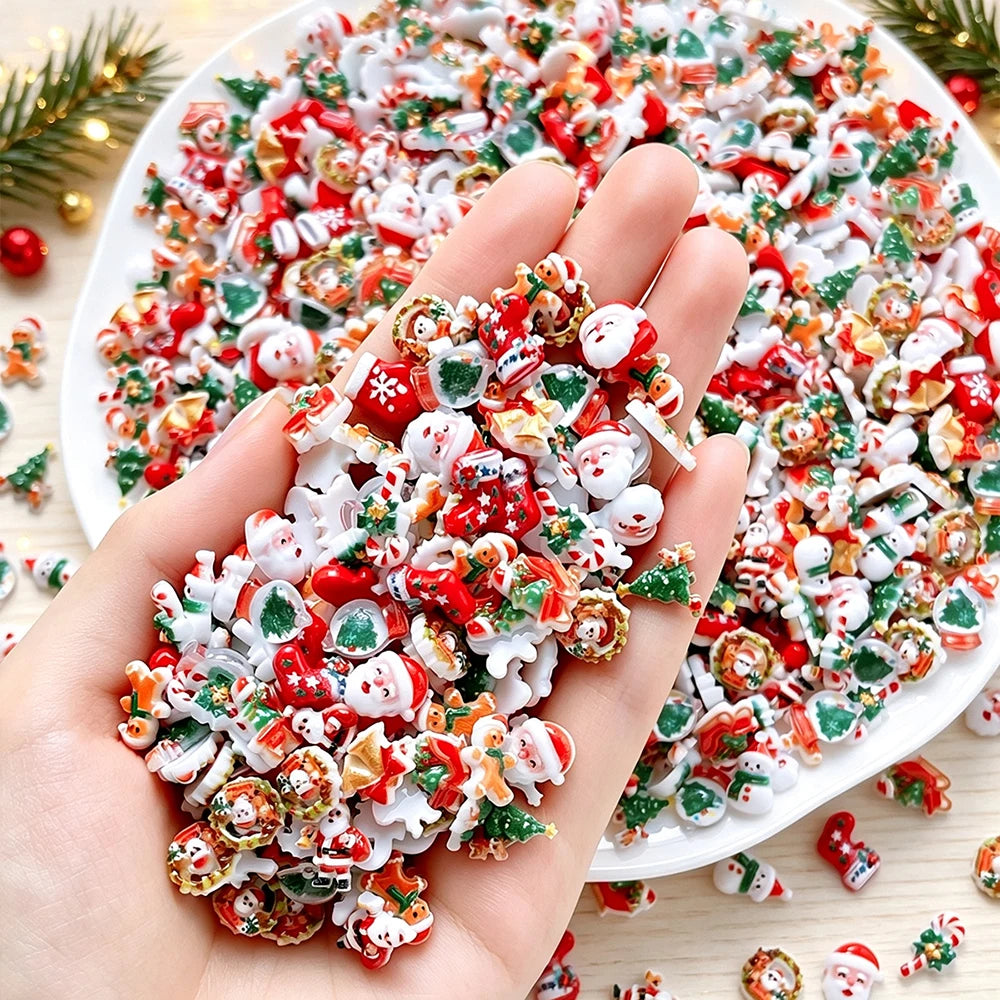 50pcs Mixed Kawaii Resin Christmas Nail Charms Xmas Santa Tree Sock Elk Bell Candy Cane Nail Ornament Flatback Nail Accessories