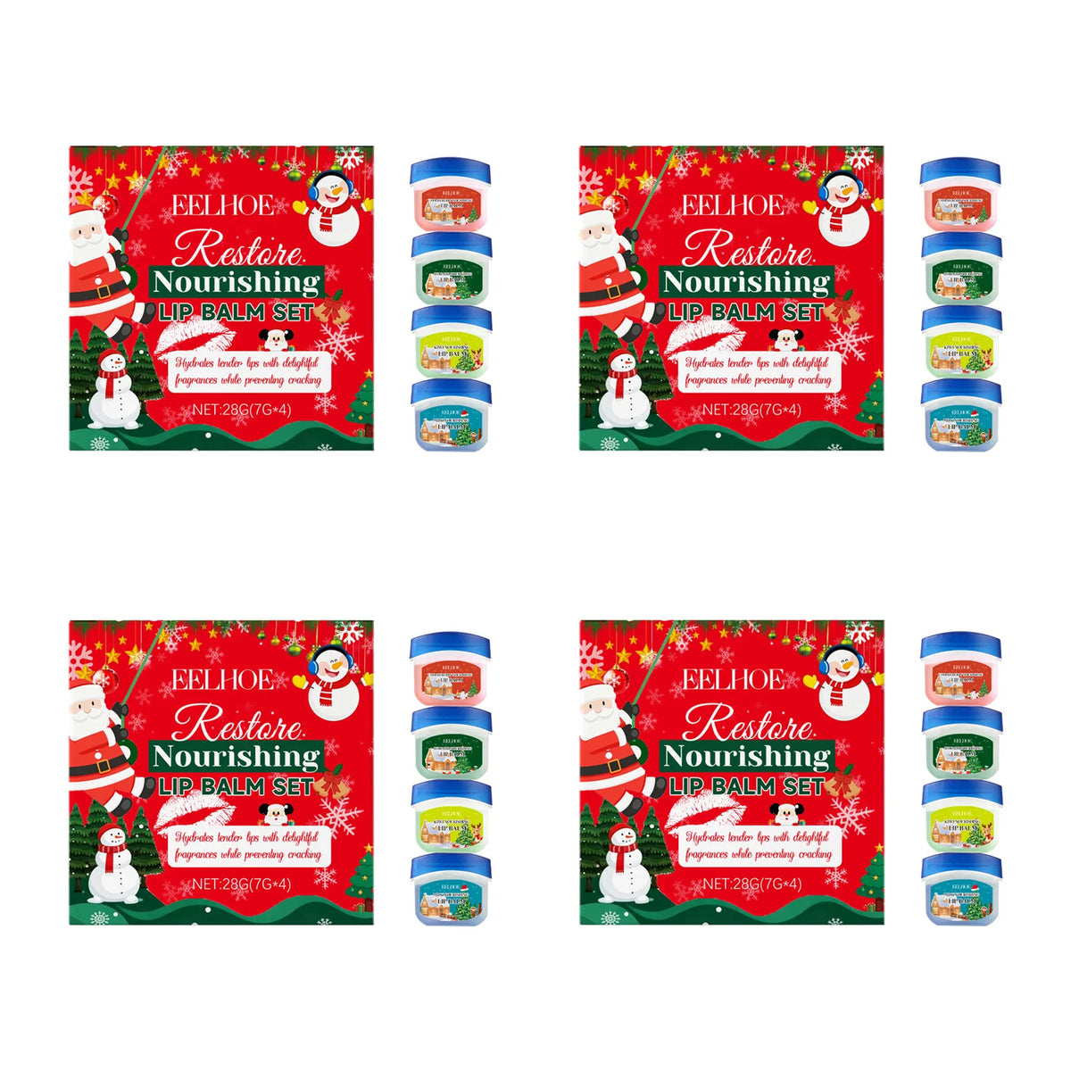 4pcs/kit Christmas Lip Balm Set Moisturizing Anti Cracking Hydrating Nourishing Plump Lips Lipstick Skin Care Christmas Box Gift