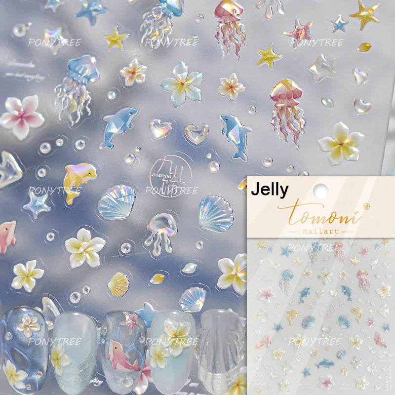 Gold Stamped Shell Conch Scallop Starfish Pearl 5D Embossed Self Adhesive Nail Art Stickers Delicate Ocean Style Manicure Decals
