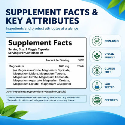 Magnesium Complex Capsules,Bone, Muscle, Heart Health,Restful Sleep,10 Forms of Elemental Magnesium for Absorption,120 Capsules
