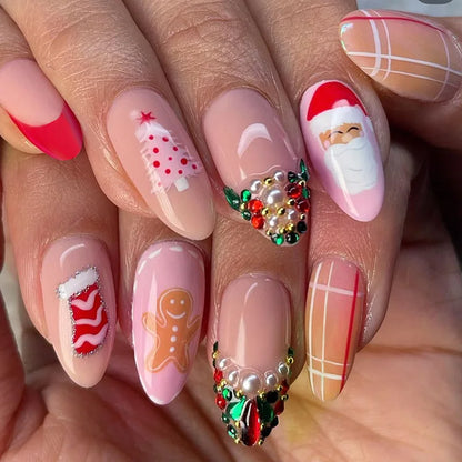 24PCS Christmas Red Almond Press on Nails Sweet 3D Gingerbread Man Xmas Tree Snowflake Design False Nails Wearable Acrylic Nails