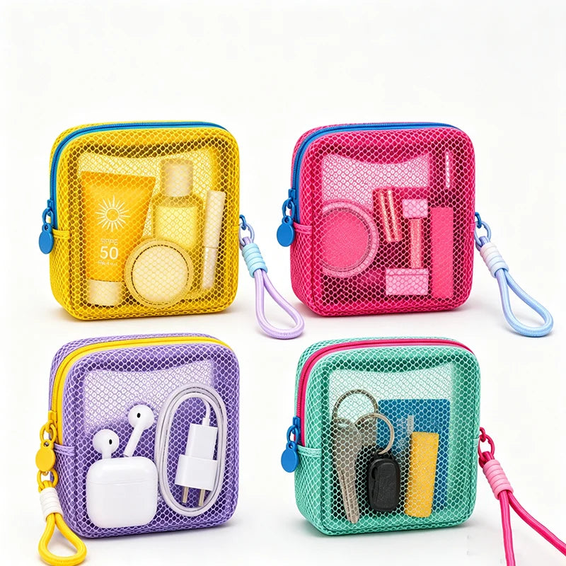 Small Mesh Beach Pouch Clear Cosmetic Bag with Detachable Wrist Strap Travel Organizer for Sunscreen Keys Cables