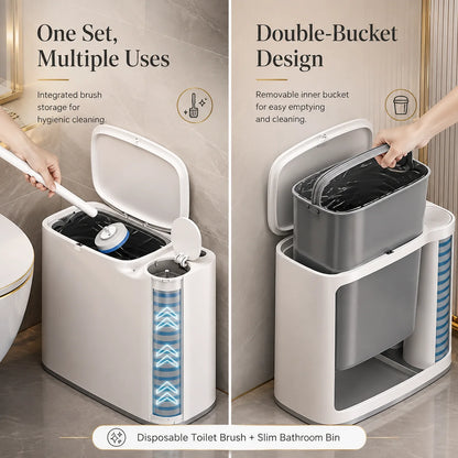 Joybos Trash Can And Toilet Brush Set, Bathroom Trash Can With 14 Disposable Toilet Brush, Includes Cleaning Brush Head, Toilet Brush Cleaner, Storage Bins With Lids, Narrow Design, Bathroom And Apartment Supplies, Halloween