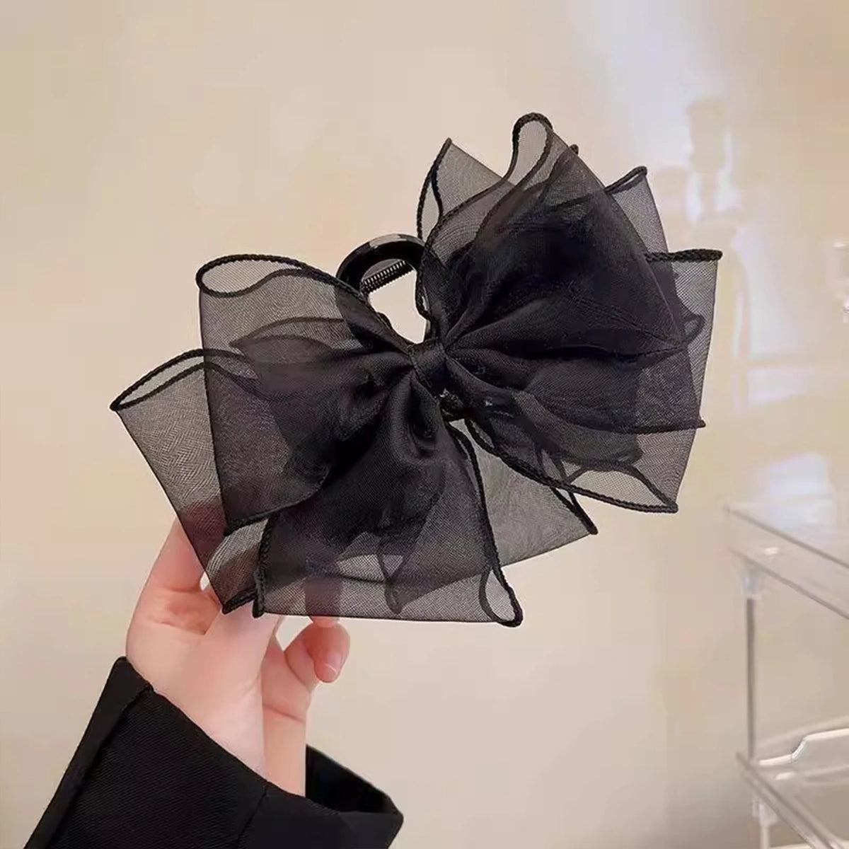 Elegant Black Bowknot Hair Claw for Women Bow Hair Claw Super Fairy Rhinestone Ponytail Braid Hair Claw Clip for Girlfriend