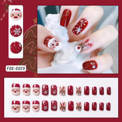 24Pcs Red Christmas Fake Nails Cute Santa Claus Reindeer & Snowflake Designs Artificial Nails Glossy Short Oval Press On Nails