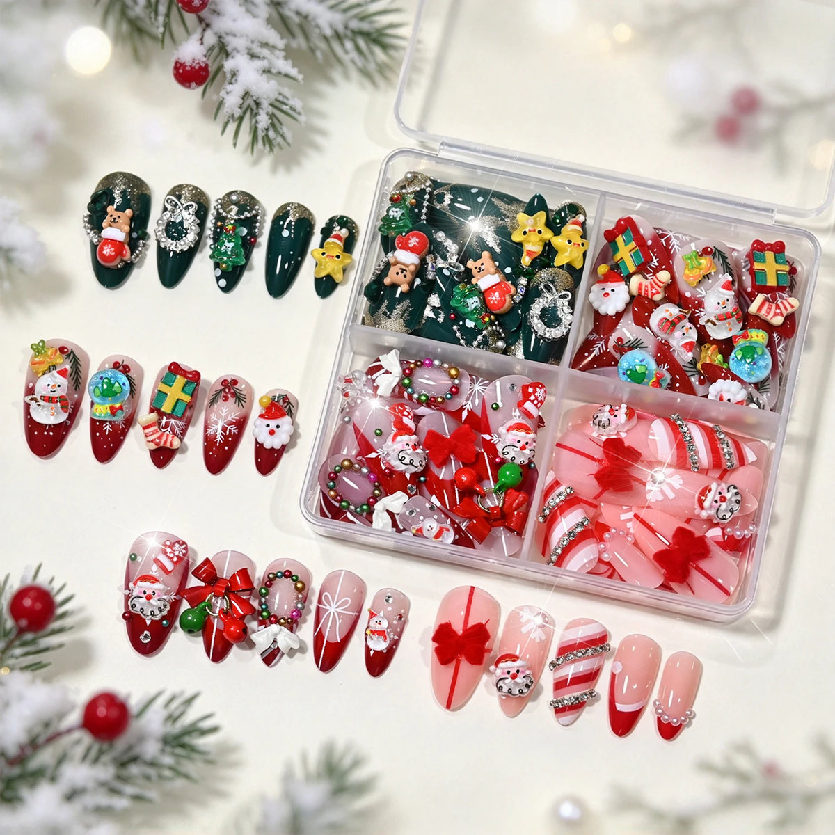 96PC 3D Red Green Medium Almond Christmas Press On Nails Cute Elk/Bell/Snowman/Santa Claus/Xmas Tree Fake Nails Full Cover Nails