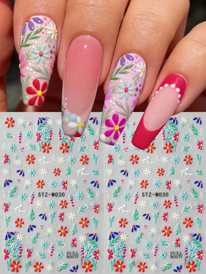 2pcs 5D Embossed Elegant Cherry Fruit Nail Art Stickers, Spring White Flower Self-Adhesive Nail Decals, Wedding Nail Decorations, Nail Art Accessories Nails Nail Supplies