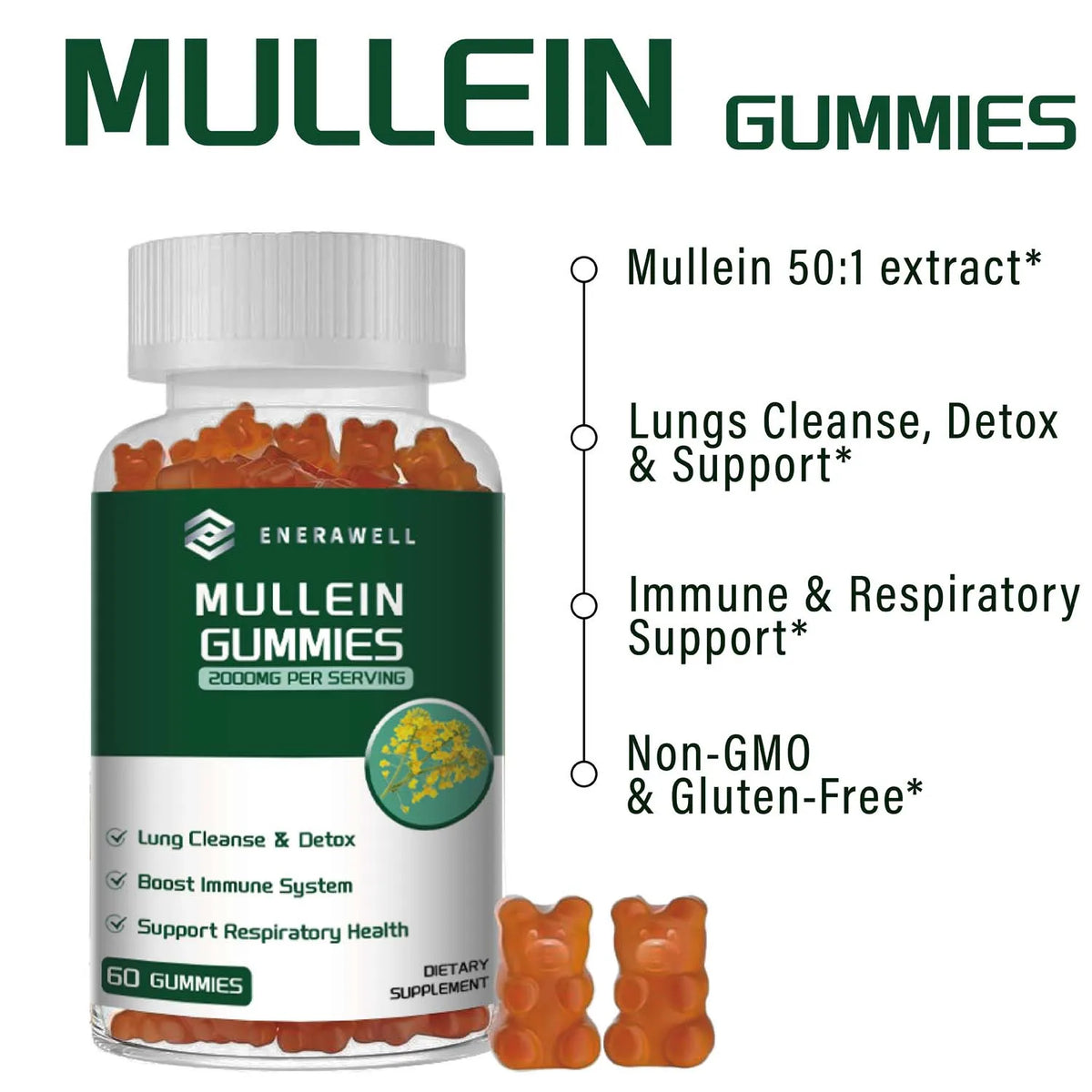 Mullein Gummies 2000mg - Supports Clear Lungs & Respiratory Health, Natural Detoxification, Enhanced Immune Function
