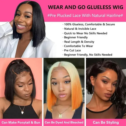 Wear And Go Glueless Bob Straight Human Hair Wigs Upgraded No Glue Pre Cut Lace Front Wigs